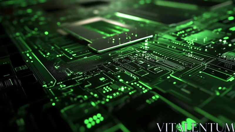 Green illuminated circuit board with central chip focus.