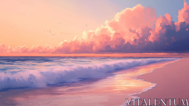 Digital seascape sunset with glowing pastel clouds and surf.