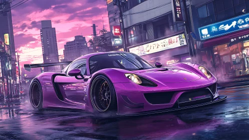 Neon dusk hypercar hunts reflections in cyber city rain.