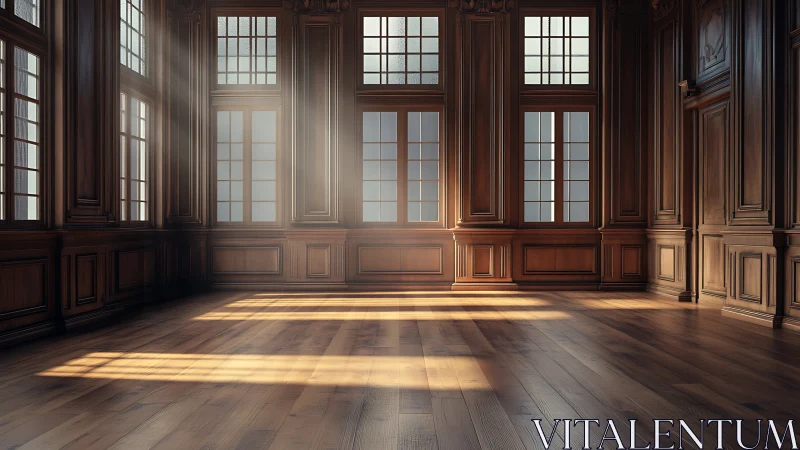 Golden afternoon light warms a grand empty wooden hall