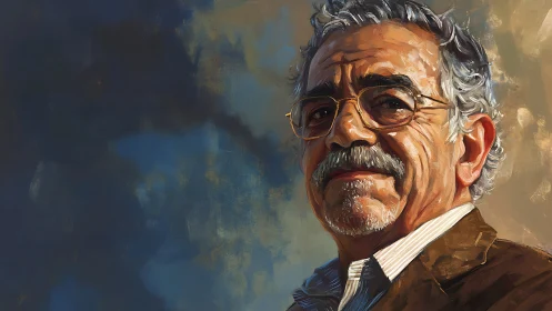 Portrait of older man with glasses against abstract sky.