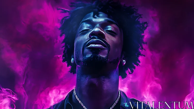 Portrait shows stylized man against vivid purple smoke background