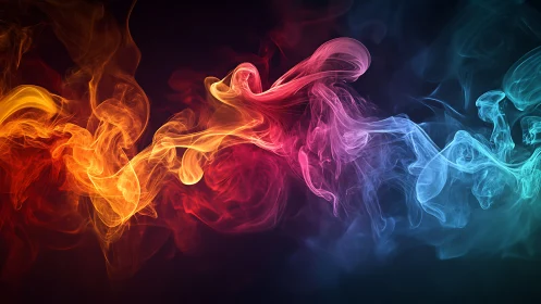 Multicolored abstract smoke waves on dark gradient background.