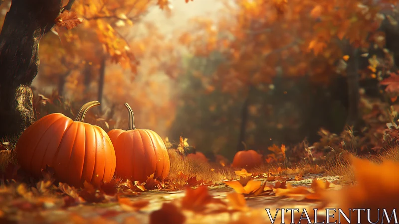Two pumpkins sit on a forest floor covered in autumn leaves