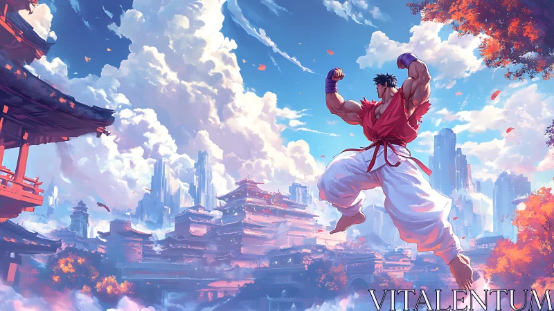 Skyward fighter celebrates above a glowing fantasy cityscape