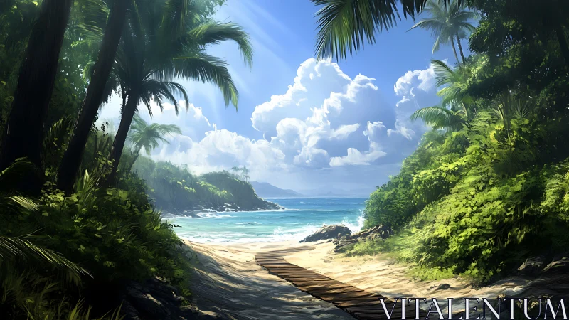 Tropical Beach Cove Framed by Lush Palm Forest.