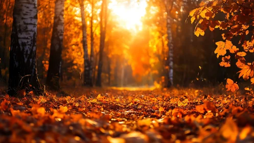 Golden autumn forest path glowing with warm evening light.