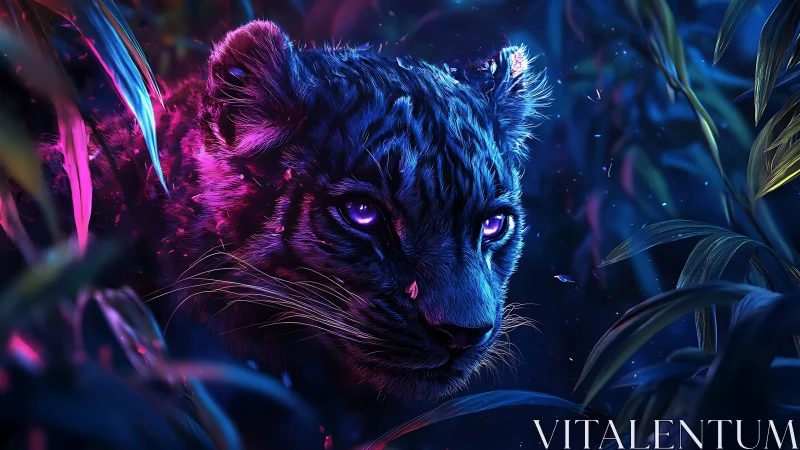 Neon jungle panther rendered in vivid bioluminescent hues.