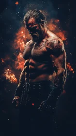Battle-scarred warrior in chiaroscuro lighting amid dynamic embers
