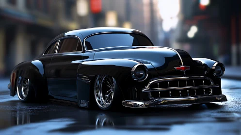 Low-slung black custom coupe with glossy reflections on wet asphalt