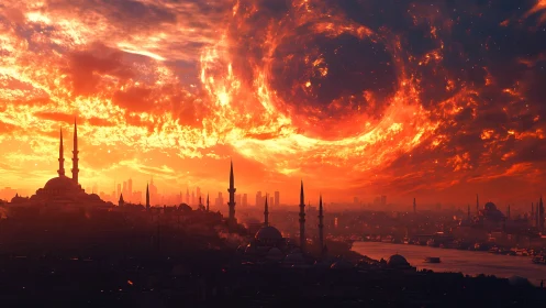 City skyline with minarets under swirling fiery sky portal.