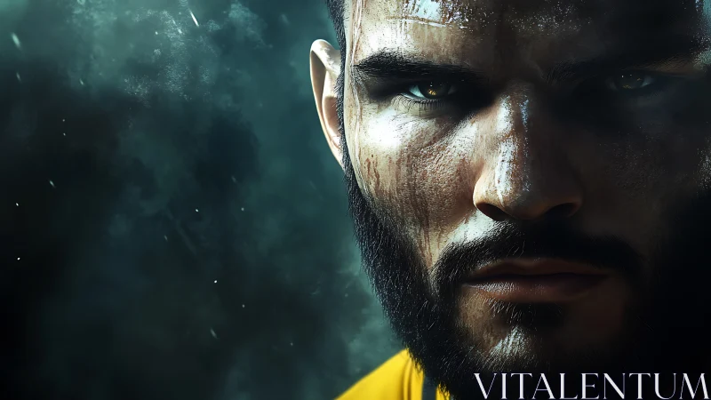 Battle-worn bearded fighter stares forward under storm haze