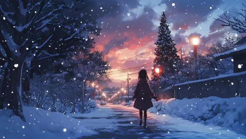 Girl walks snowy street under glowing winter sunset sky