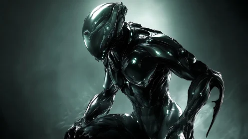 Crouching biomechanical warrior kneels under cold rim light