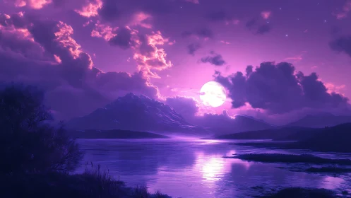 Moonlit amethyst shoreline under dream-soaked mountainscape.