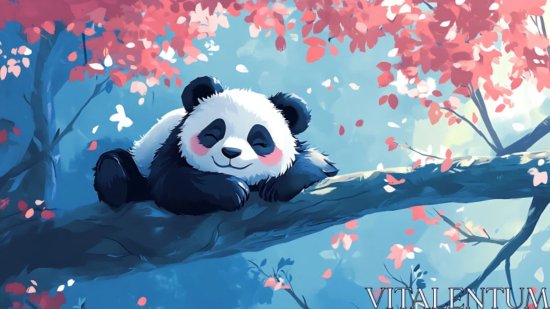 Dreamy panda cub resting on branch in pastel forest light.