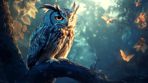 Majestic owl on tree branch in magical forest with glowing butterflies.