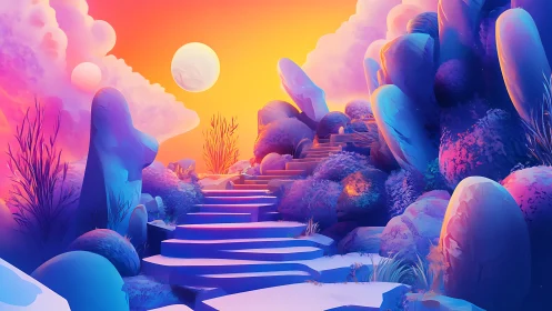 Chromatic stone stairway in bioluminescent alien sunset