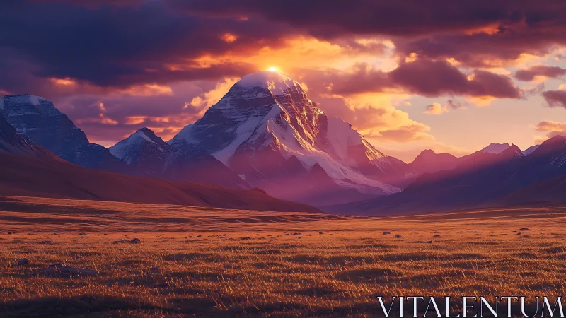 Sun crowned glacier giant bathing in emberstorm twilight.