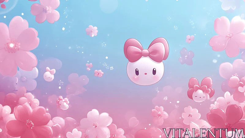 Sweet pastel bow friend floating in a dreamy flower sky.