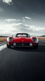 Red sports car races down an empty open highway at speed.
