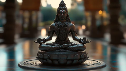 Bronze meditative deity statue is centered on a lotus base