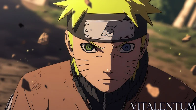 Determined ninja hero racing through swirling forest dust.