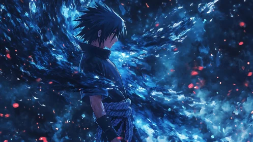 Side profile anime warrior with swirling blue energy field.