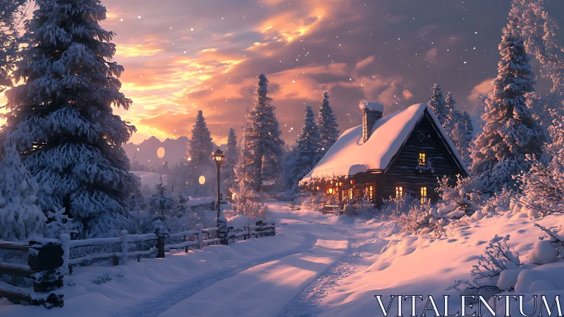 Snowlit cabin glows beneath ember skies of quiet winter.