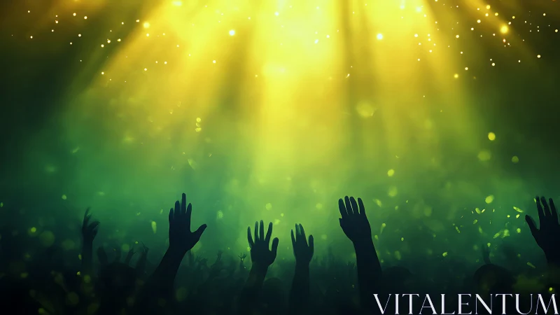 Crowd silhouettes reach toward glowing golden concert lights.