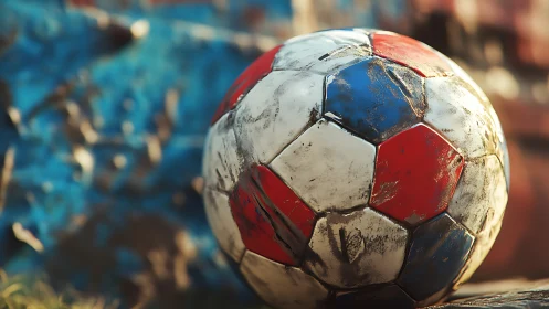 Weathered tricolor football rendered with shallow depth of field