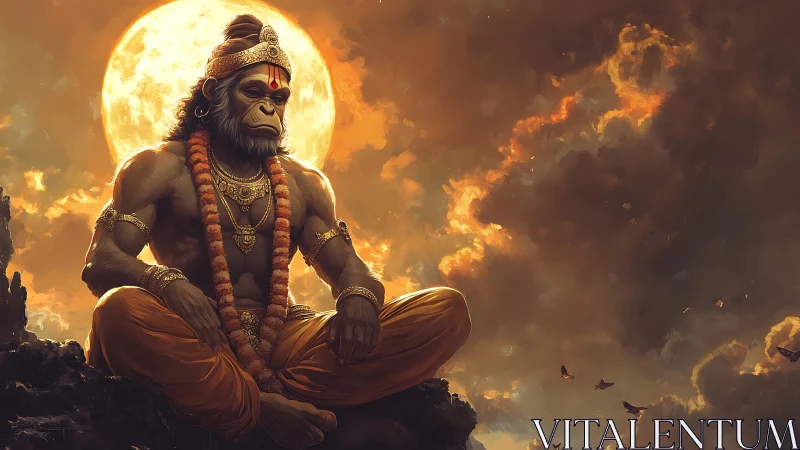 Anthropomorphic figure in seated pose before backlit full moon