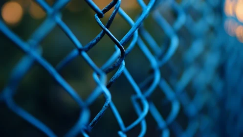 Twisted blue chain link fence in shallow dusk focus study.