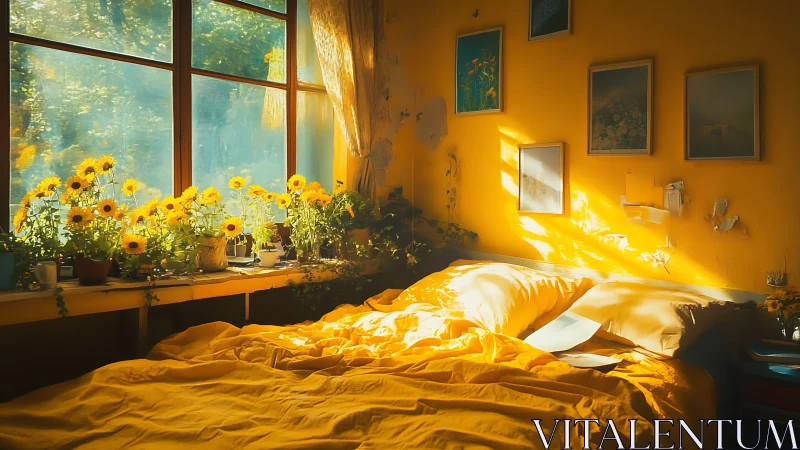 Bedroom interior with yellow bedding and sunlit window plants.