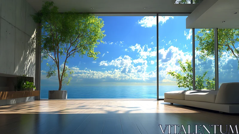 Sunlit minimal loft gazing into a quiet blue horizon.