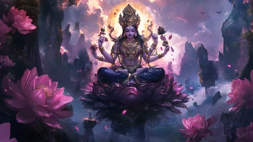 Divine lotus goddess meditating amid floating mystic peaks.