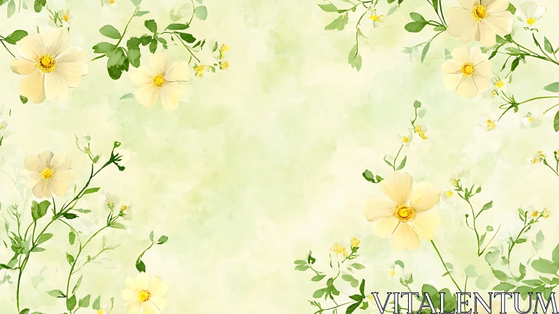 Yellow daisies and green foliage on pale background.