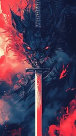 Demon wolf samurai guarding a bloodlit spectral blade.