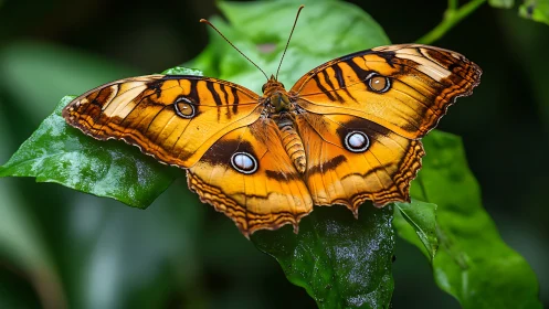 Orange butterfly shows bold eyespots on glossy green leaf.