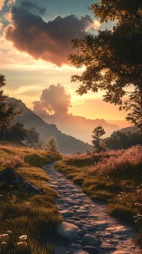 Stone path through meadow under layered sunset sky.