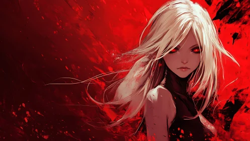 Fierce silver haired heroine stands bold in a crimson storm