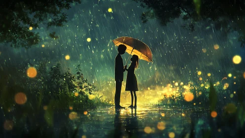 Luminous Rainstorm: Silhouetted Couple Beneath Golden Umbrella.