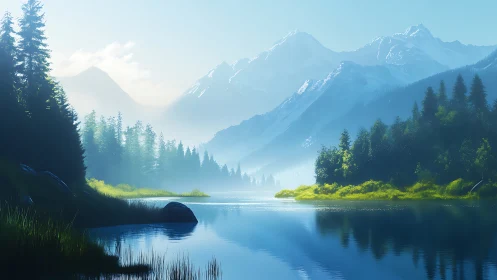 Mountain lake landscape depicts layered conifer forests