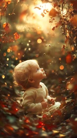 Toddler in luminous autumn bokeh grove under warm backlight