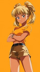 Confident anime girl stands tall against bold orange sky