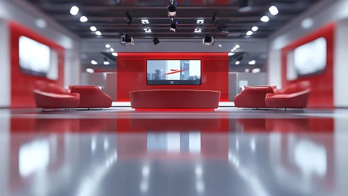 Modern red television studio set shows glossy curved seating