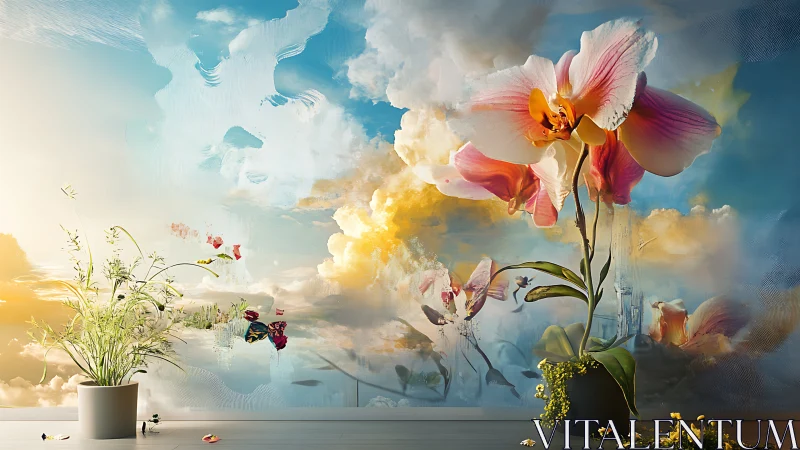Large orchid flowers rise against surreal cloudy sky backdrop