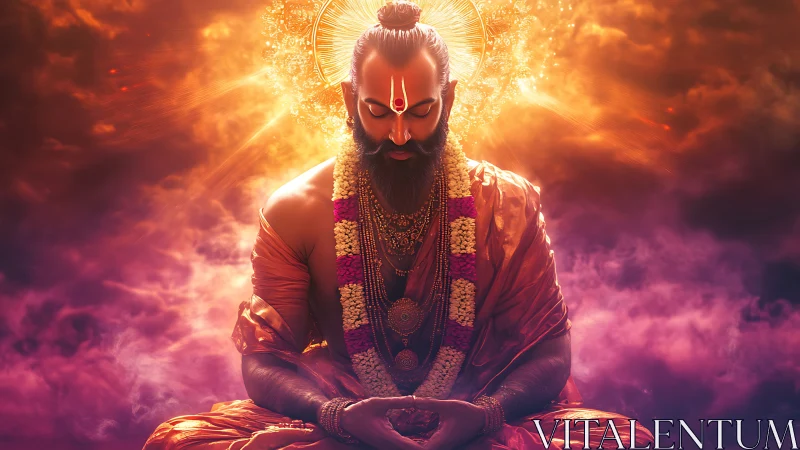 Meditating bearded guru sits in glowing orange celestial light