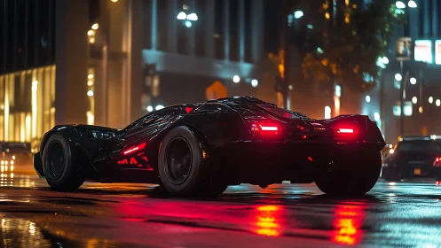 Stealth supercar accelerates through neon-lit cyberpunk avenue