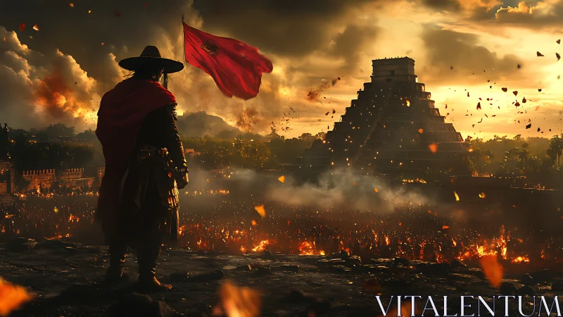 Conquistador overlooks burning pyramid city at sunset.